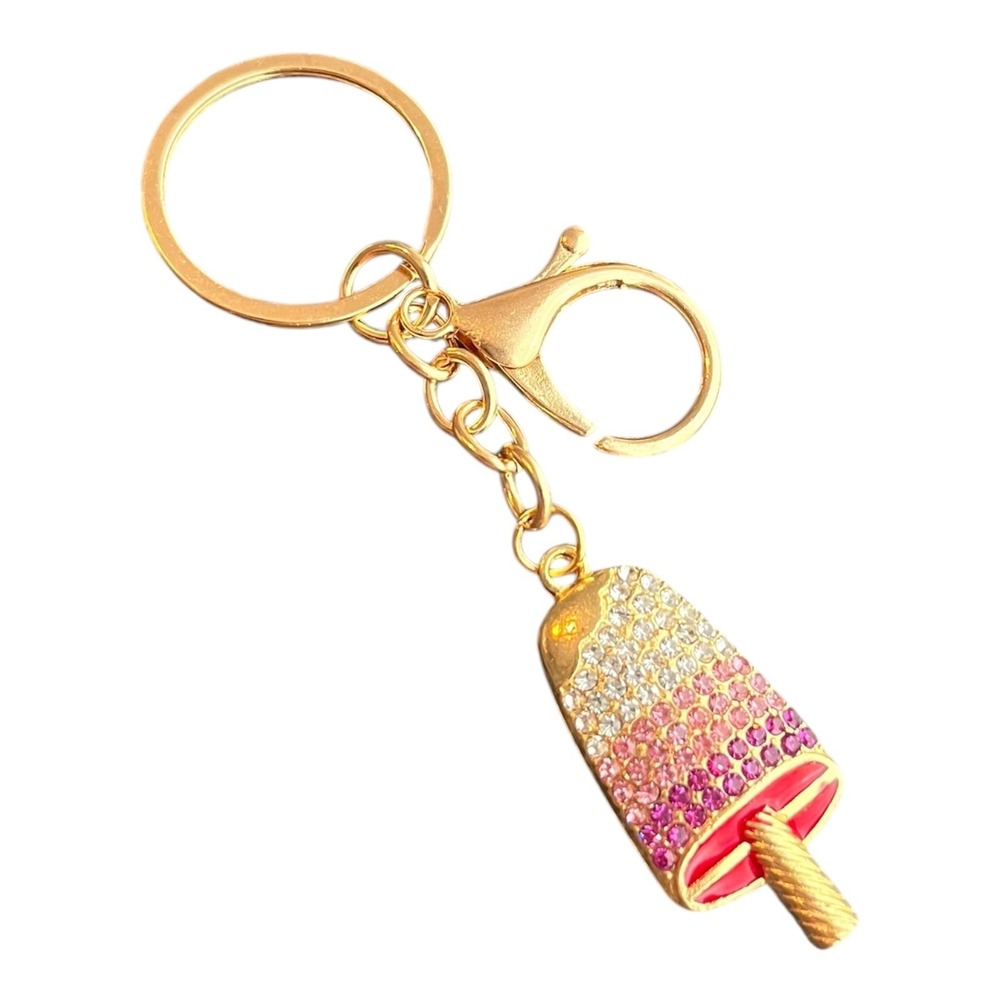 Women's Gold Tone Pink Rhinestone Popsicle Charm Key Chain 4" Bling